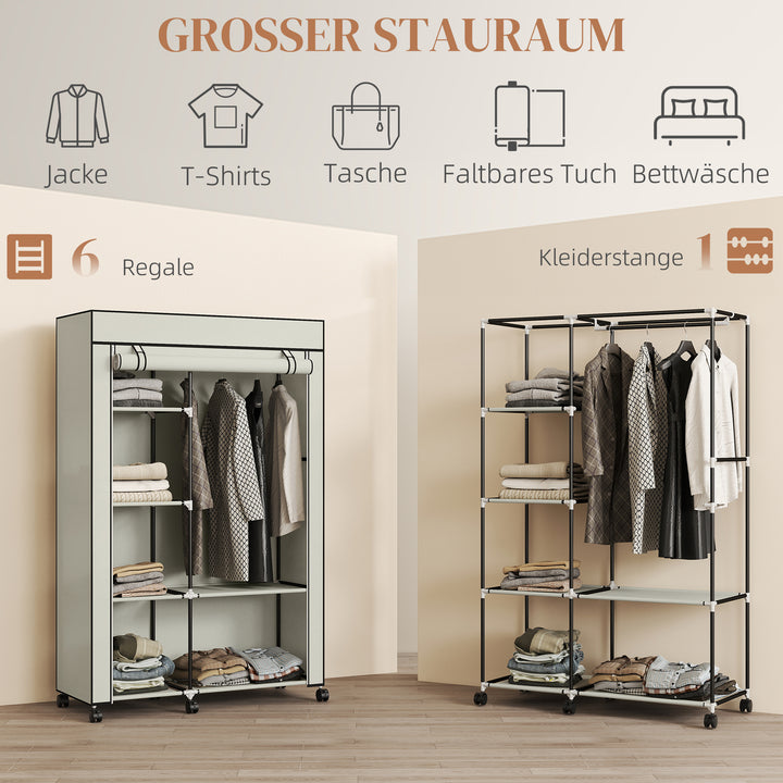 Stofgarderobe, opbevaringsløsning, 6 hylder, 1 garderobestang, cremefarvet