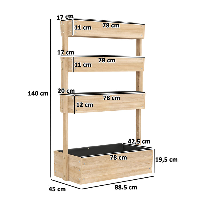 Udendørs højbed af træ, 4-niveau plantebed med drænhuller, kold ramme, havebed, 88,5 x 45 x 140 cm, naturtræ