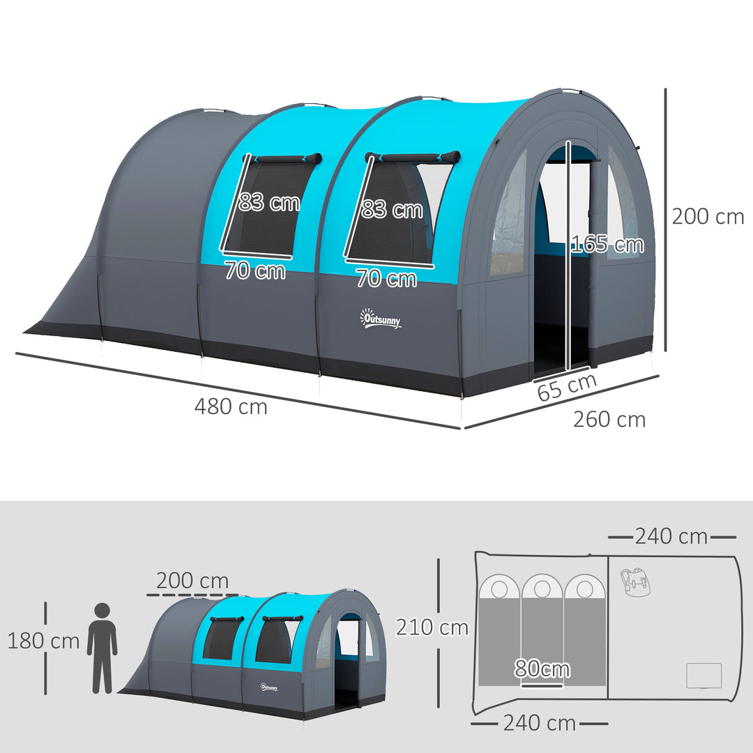 Campingtelt til op til 6 personer, familietelt, separate områder, vandtæt, grå/blå