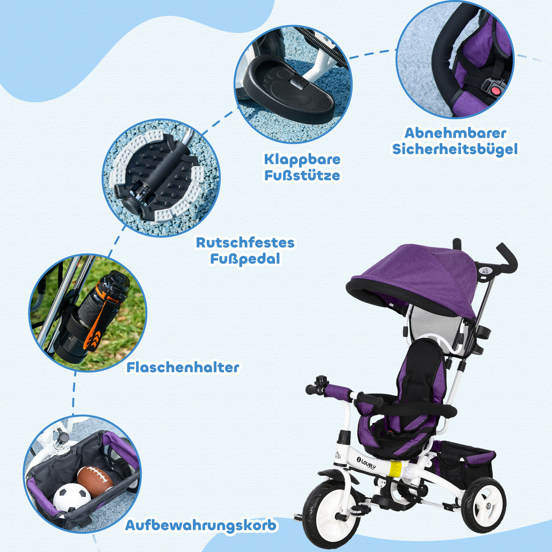 6-I-1 børnetrecykel med skubbehåndtag, kaleche, sele, opbevaringskurv, til 1-5 år, blå