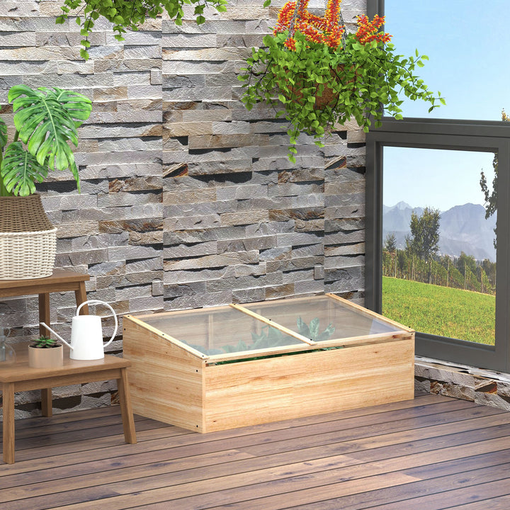 Drivhus i træ med kold ramme, kold rammekasse, drivhus til have og plantesystem til havebalkon, 100 x 50 x 35 cm, naturlig, fyrretræ, pc-plade