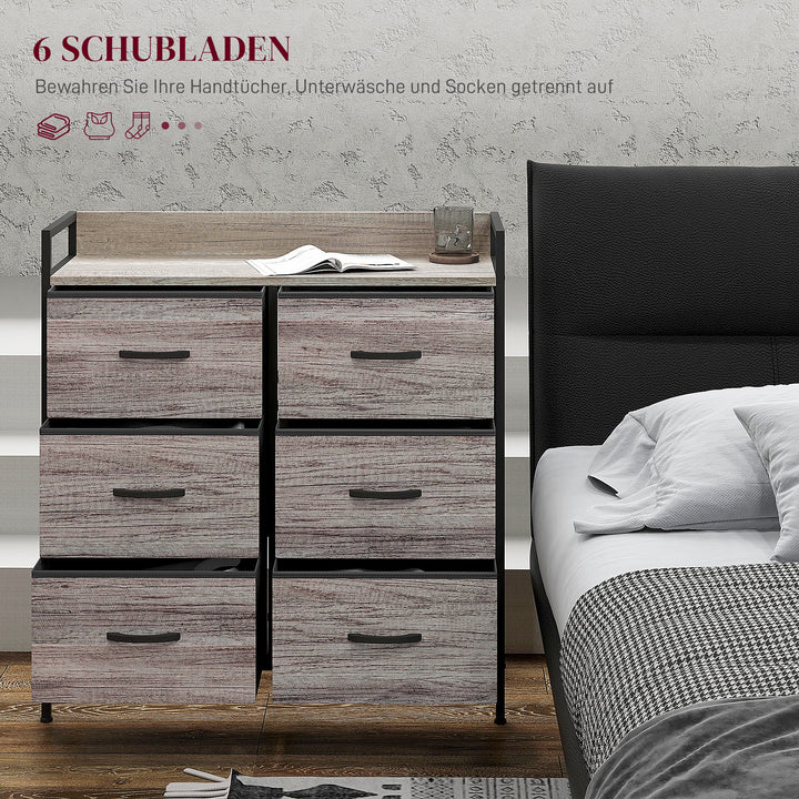 Stofkommode, 6 foldbare skuffer, hylde, stålramme, 79 x 29 x 85, grå