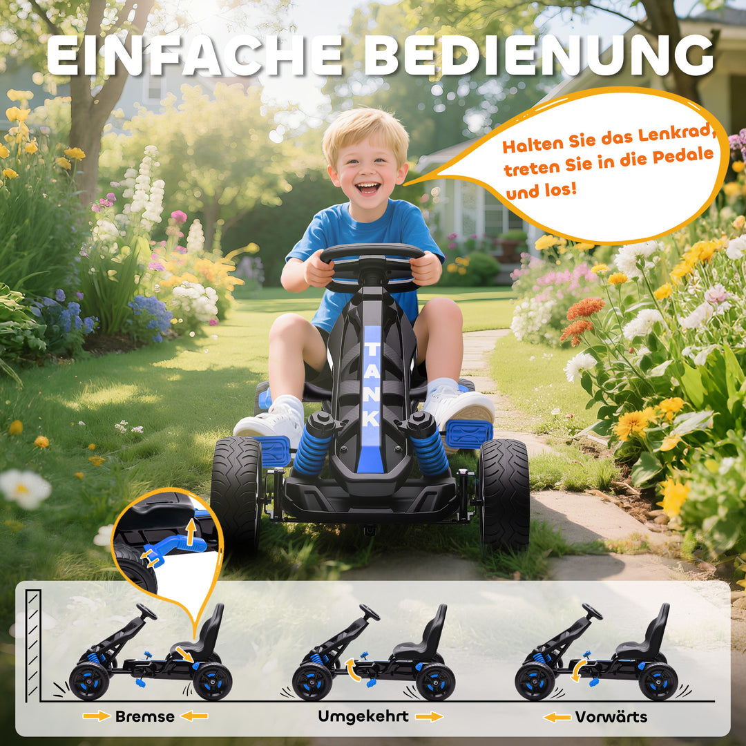 Gokart med pedaler, pedalbil til børn med bremse, skridsikre hjul, metalramme, 3-6 år, blå