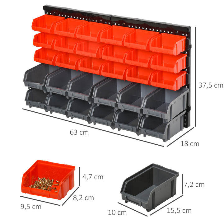 Opbevaringssystem vægreol med stabelbare kasser, 30 kasser, 2 hulplader, 37,5 cm x 18 cm x 63 cm, rød + grå + sort
