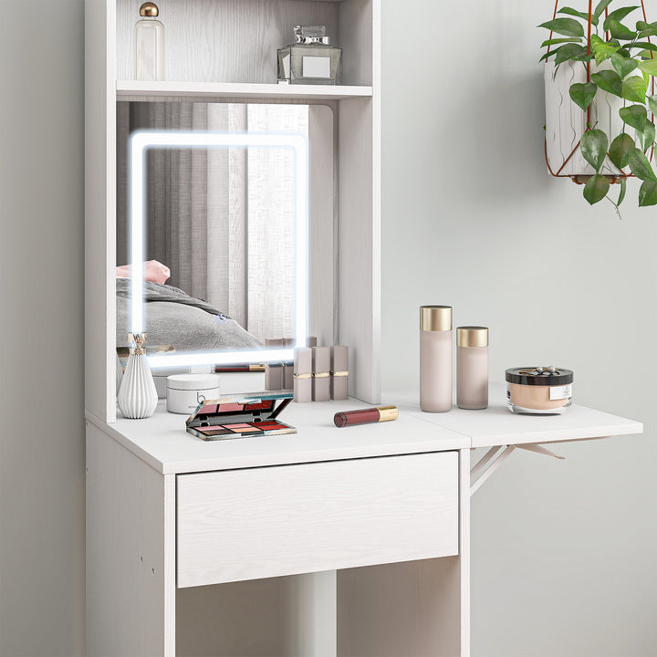 Kompakt sminkebord med spejl og led-belysning, sammenklappelig bordplade, åbne hylder, skuffe, mdf, hvid