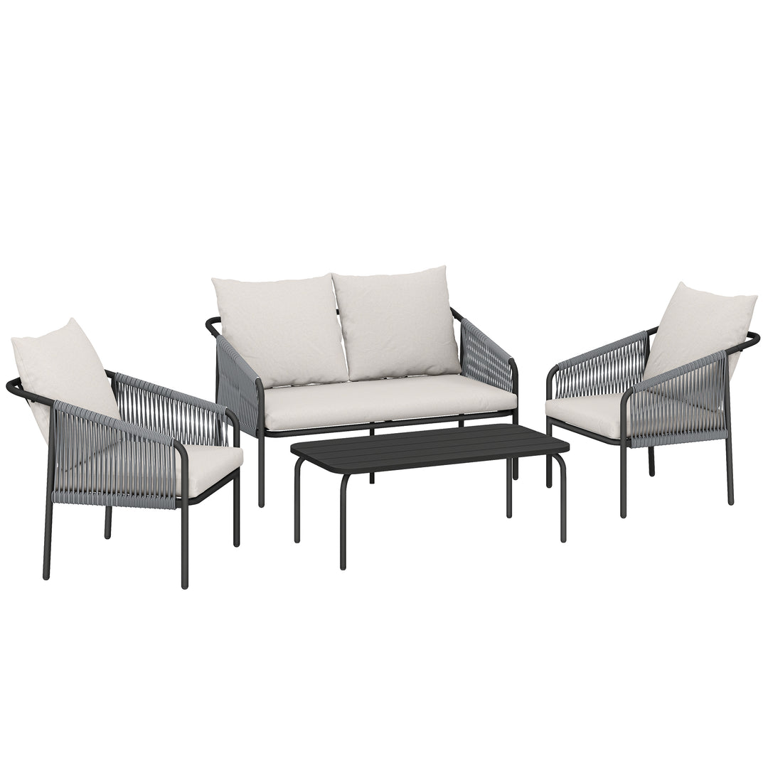 4-delt havemøbelsæt, polyrattan loungesæt med to personer, 2 lænestole, aftageligt sofabord, hynder og bånd.