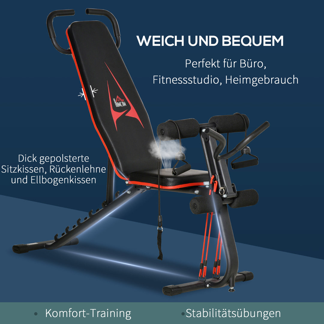 Vægtbænk justerbar træningsbænk med elastisk reb siddebænk til hjemmetræning 6 niveauer ryglæn skråvægt op til 150 kg stål kunstlæder sort+rød 145 x 49 x 48-127 cm