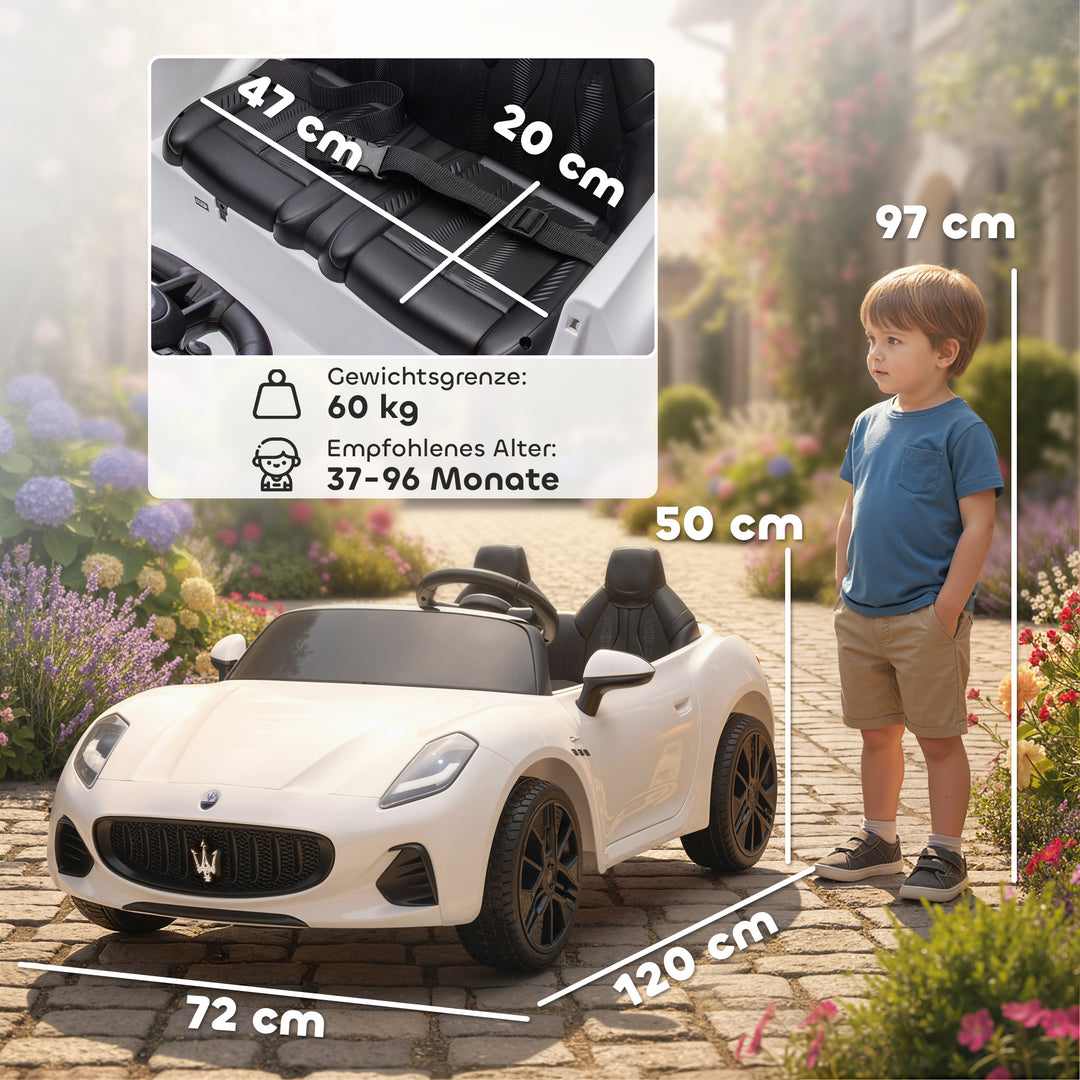 Maserati elbil til børn, 2-personers, 12V batteridrevet, fjernbetjening, LED-lys, musikfunktion, hvid