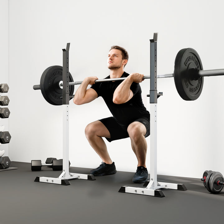 Vægtstangstativ, sæt med 2, lasteevne op til 150 kg, højdejusterbar, stål, hvid+sort, 52 x 48 x 160 cm