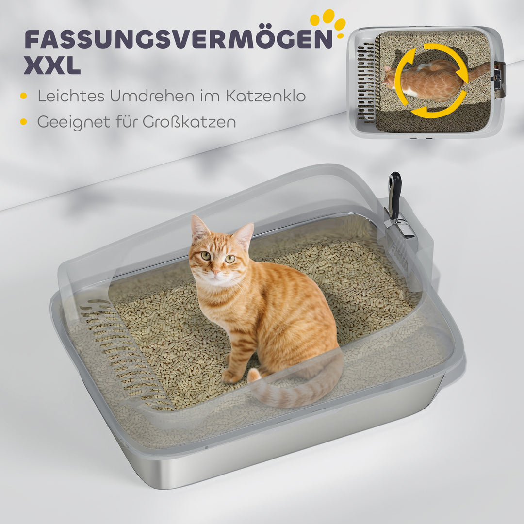 Åben kattebakke i rustfrit stål med ske, høje sider, til store katte op til 12 kg, 69,8 x 50,3 x 29,8 cm, grå