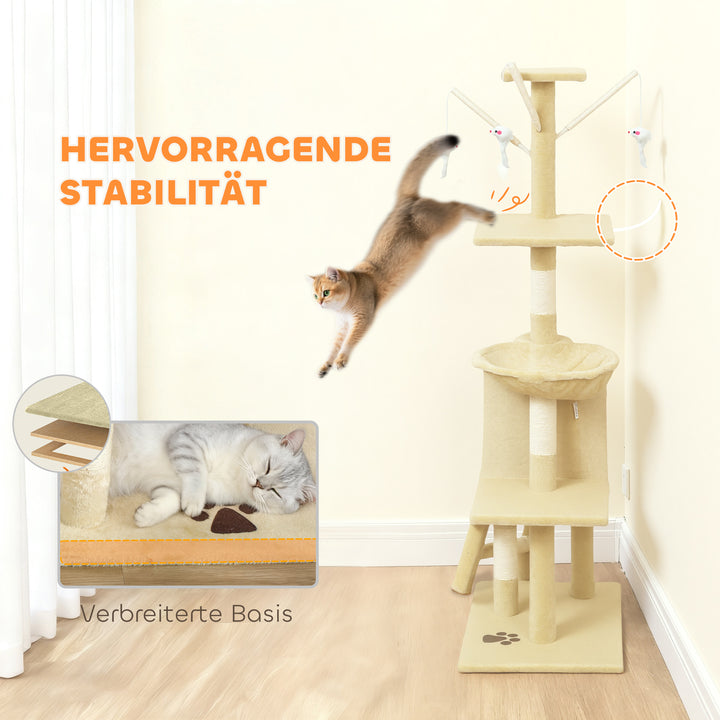 Kradsetræ med hule, 4 legetøj, sisalstolper, stor platform, trappe, til katte under 5 kg, beige