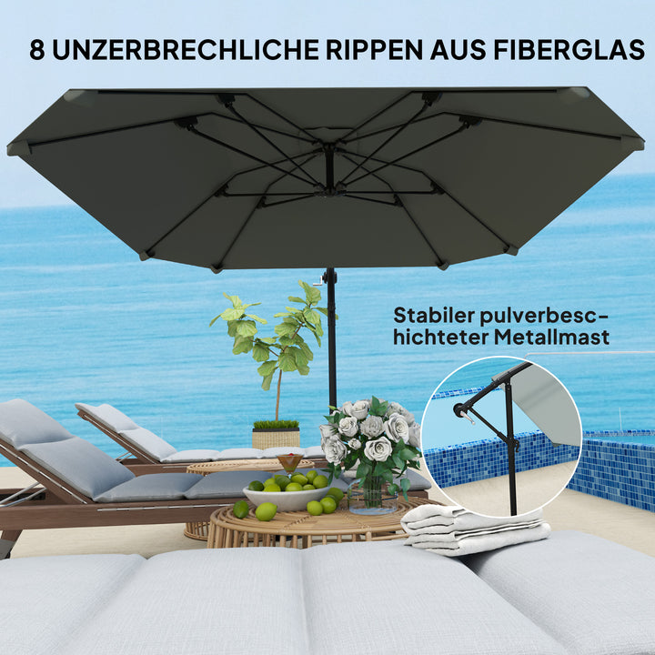 Aluminiums fritstående parasol, Ø 260 cm, vandtæt, håndsvingsbetjent parasol med stativ og håndsving, mørkegrå