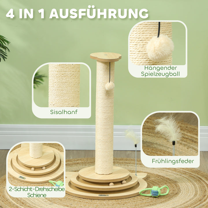 Kradsetræ til katte, 69 cm, sisal kradsetræ, boldløbebane, legebold, legefjeder, 4-i-1 design, cremehvid