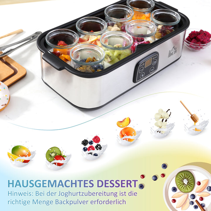 Græsk yoghurtmaskine med låg, 8 BPA-fri glasbeholdere (180 ml hver), med LCD-display og timer, til op til 1,4 liter yoghurt, 25 W, sølv