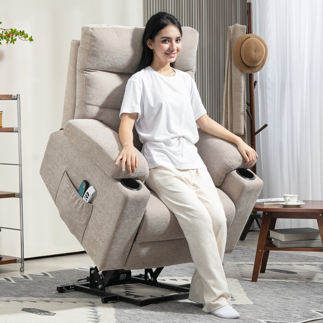 Massagestol med stand-up-funktion, 8 vibrationsmassagepunkter, elektrisk polstret stol med 2 fjernbetjeninger, lysebrun