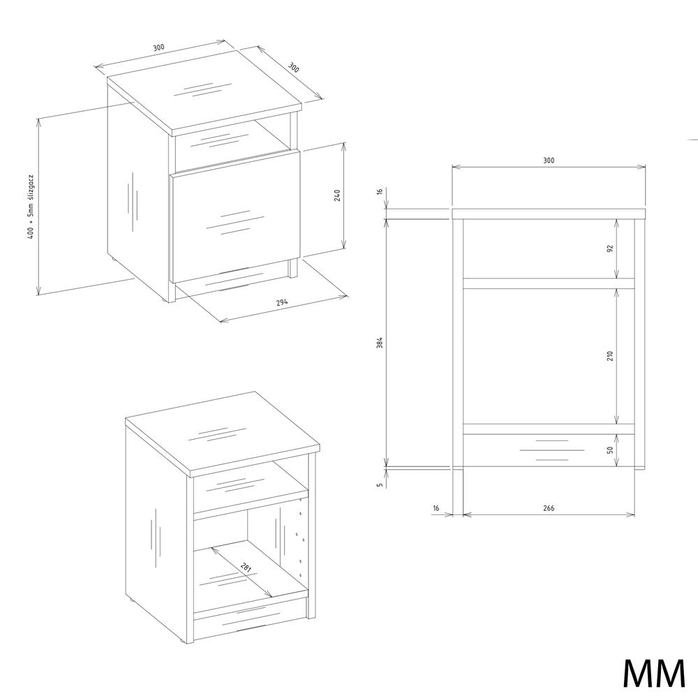 Moderne natbord / sengebord, med låge, hvid og naturfarvet