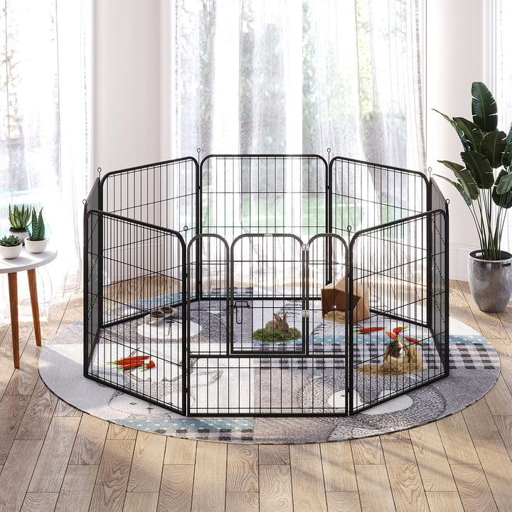 Hvalpegård, sæt med 8 dele, 80 cm høj, hvalpegård med aflåselig dør, 8 stålnetpaneler, hundegård, udendørs indhegning til små og mellemstore hunde, til indendørs og udendørs brug, grå