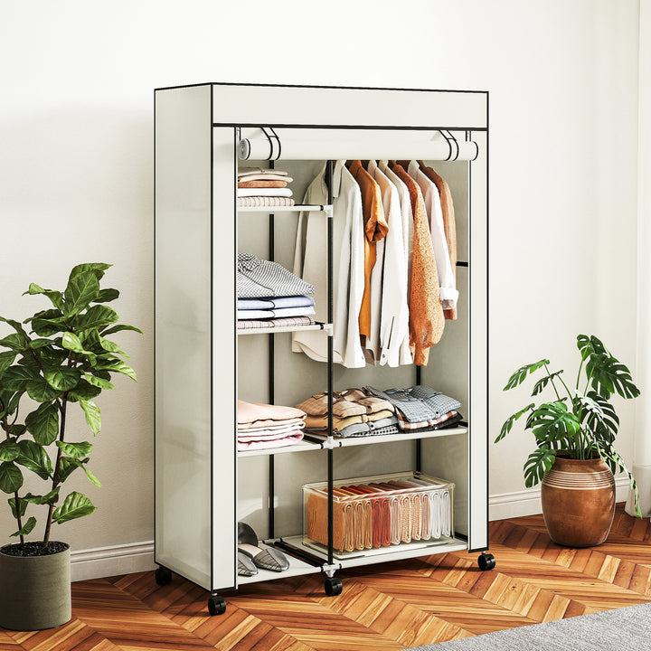 Stofgarderobe, opbevaringsløsning, 6 hylder, 1 garderobestang, cremefarvet