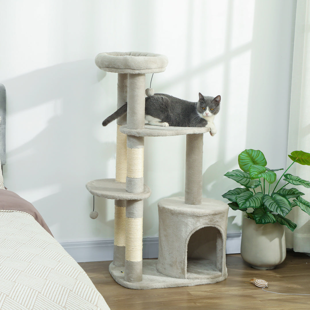 Kradsetræ 114 cm kattetårn med hule, sisalstolper, platform, flere etager til mellemstore katte under 6 kg, lysegrå