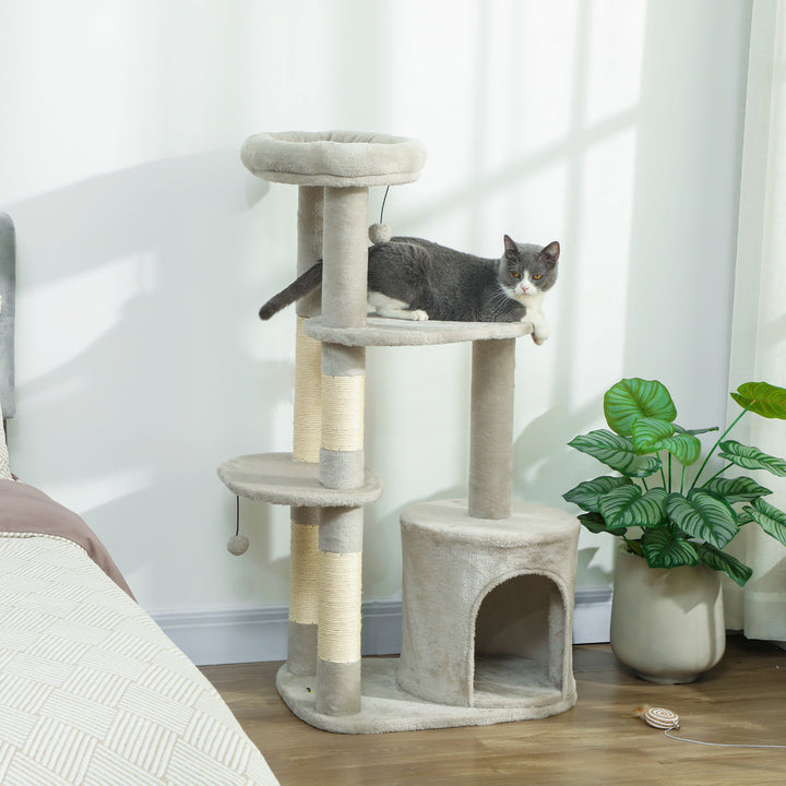 Kradsetræ 114 cm kattetårn med hule, sisalstolper, platform, flere etager til mellemstore katte under 6 kg, lysegrå