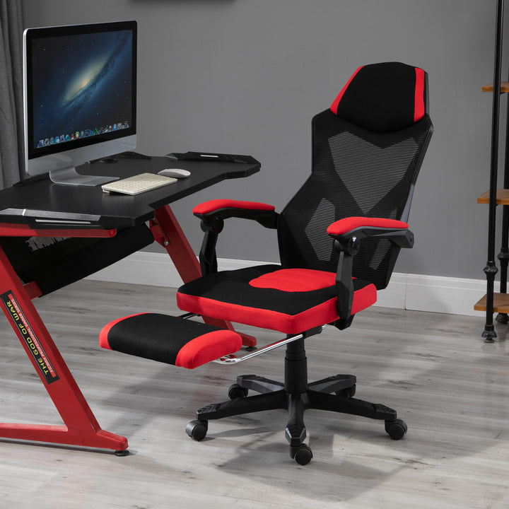 Ergonomisk kontorstol, gamingstol, drejestol med fodstøtte, pc-stol, executive-stol, højdejusterbar, polyester, sort+rød, 58 x 63 x 112-122 cm