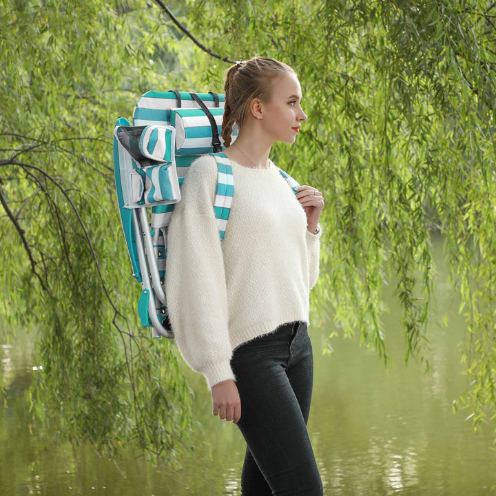 Strandstol, foldbar campingstol, bærbar med rygstøtte, nakkestøtte, armlæn og 2 sidelommer. Kan bæres som rygsæk