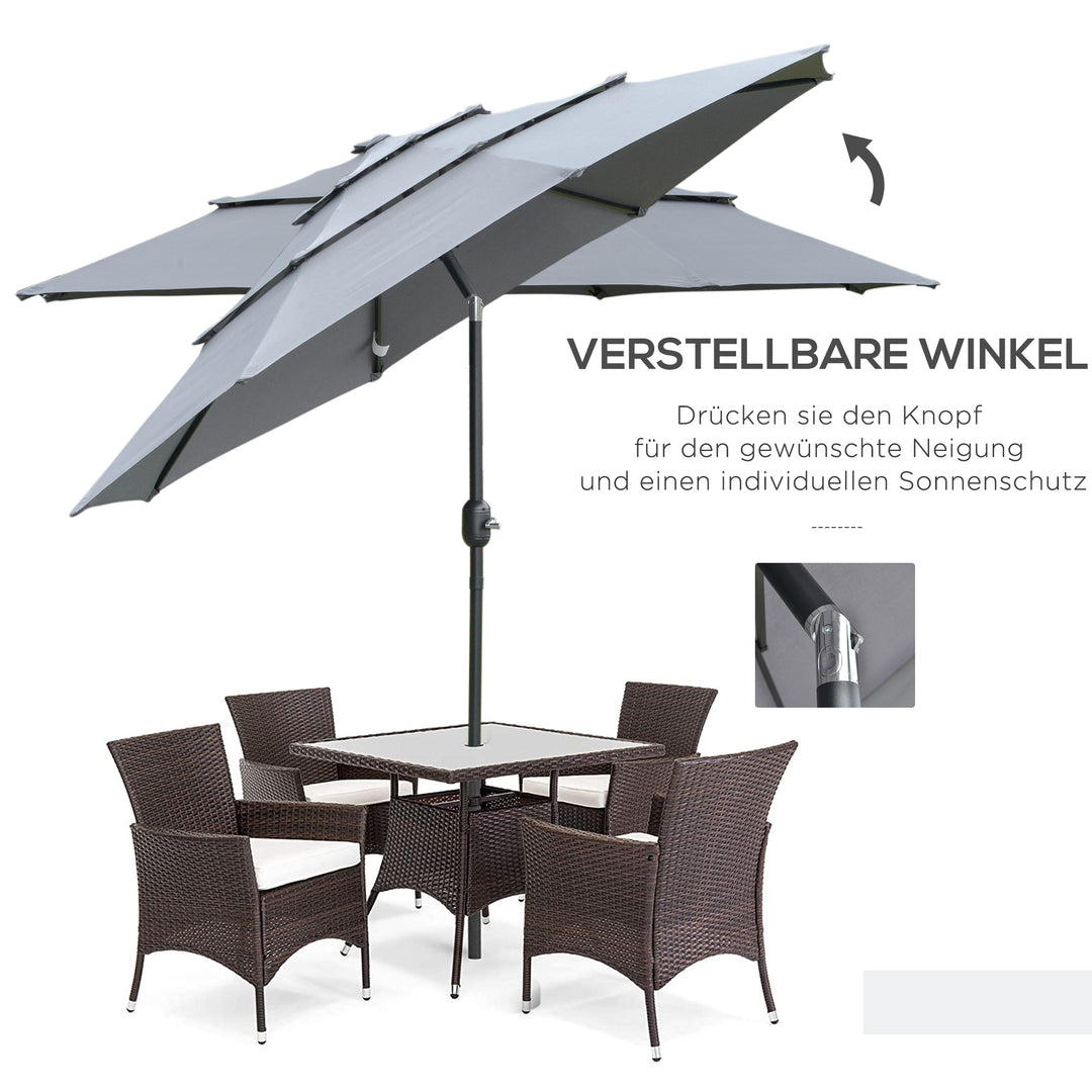 Parasol med 3-lags baldakin håndsving terrasseparasol drejelig markedsparasol 8 ribber haveparasol med solbeskyttelse, 2,6 m, stål, polyester, mørkegrå
