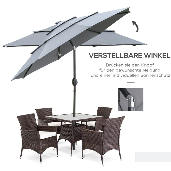 Parasol med 3-lags baldakin håndsving terrasseparasol drejelig markedsparasol 8 ribber haveparasol med solbeskyttelse, 2,6 m, stål, polyester, mørkegrå