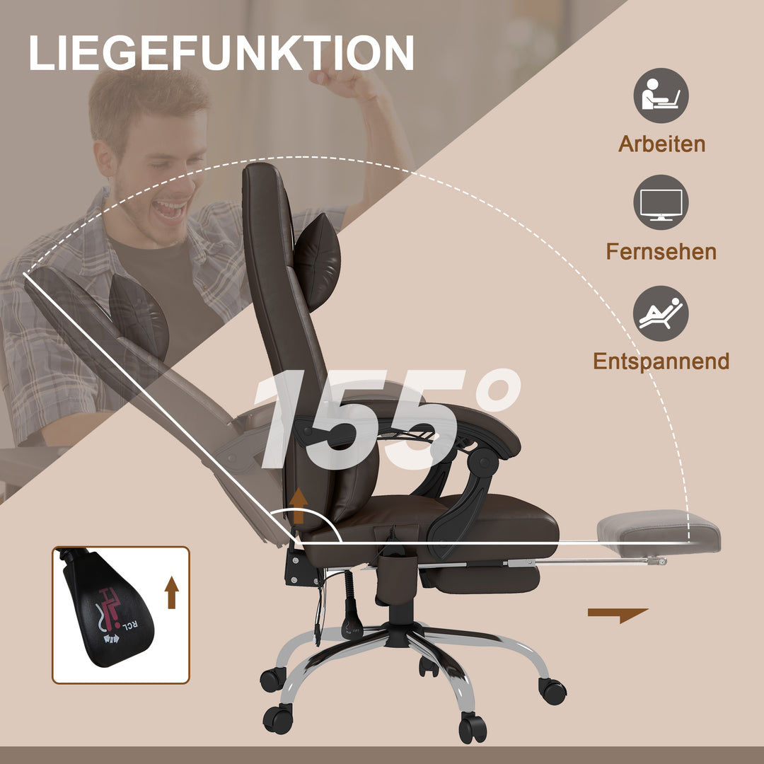 Kontorstol med massagefunktion, ergonomisk skrivebordsstol med lænefunktion, nakkestøtte, højdejusterbar, brun