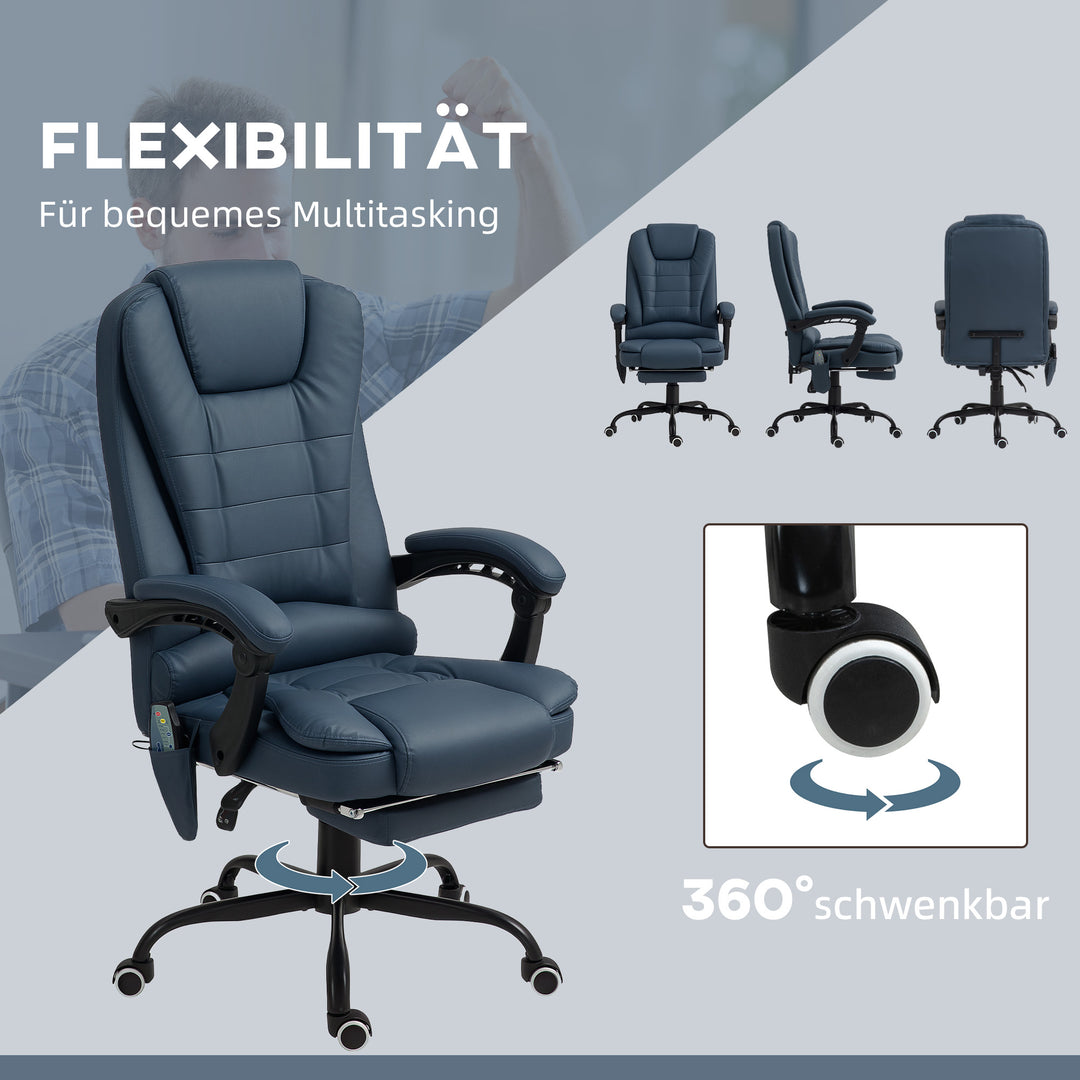 Massagekontorstol, 7 vibrationspunkter, justerbar fodstøtte og ryglæn, op til 120 kg, læderlook, blå