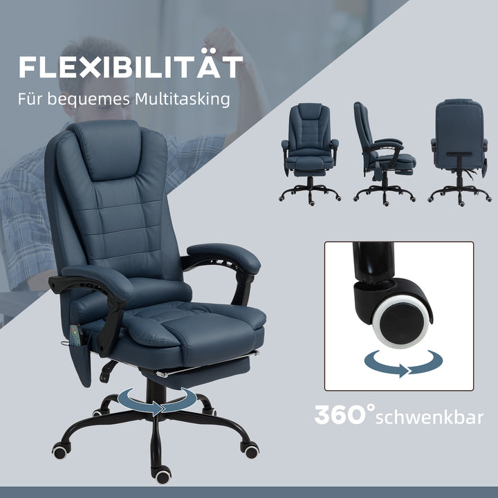 Massagekontorstol, 7 vibrationspunkter, justerbar fodstøtte og ryglæn, op til 120 kg, læderlook, blå