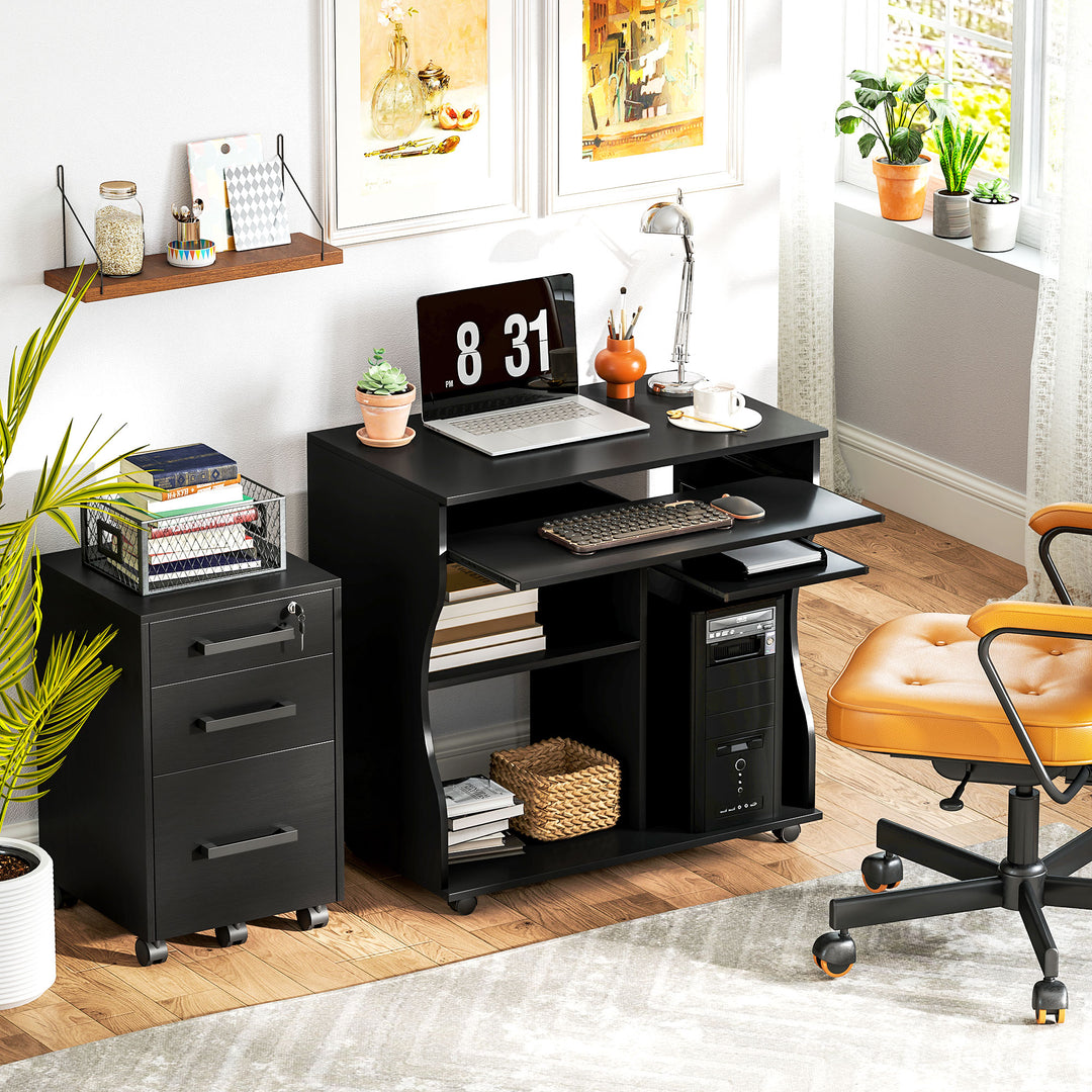 Computerbord med hjul, skrivebord med opbevaring, 80 x 48 x 75 cm, sort