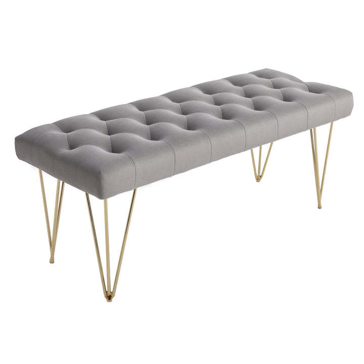 Bænk polstret bænk klaverbænk skobænk med fløjlslook sengebænk klaverbænk til soveværelse, stue, entré, metalgrå 116 x 44,5 x 49 cm