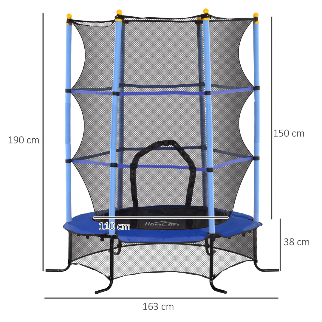 Trampolin til børn, 163 cm diameter, med sikkerhedsnet, indendørs og udendørs, lasteevne op til 50 kg, stål, plastik, blå