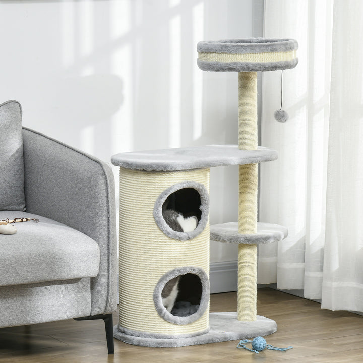 Kradsetræ til katte, sisalrebstolper, blødt plys, multi-level, boldlegetøj, grå, 59x35x100 cm