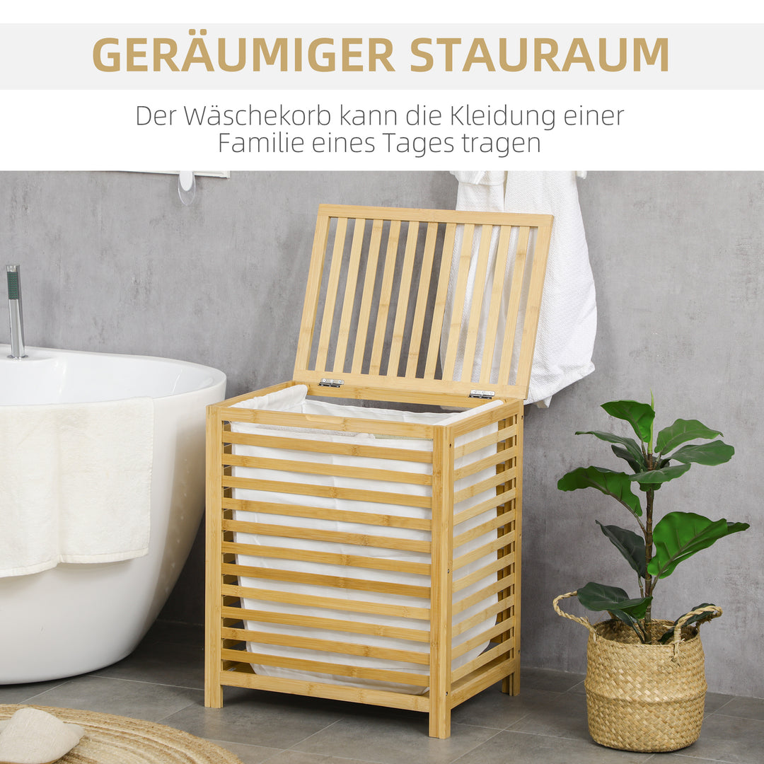 Bambus vasketøjskurv med aftagelig vasketøjspose, vandafvisende, naturfarvet + beige