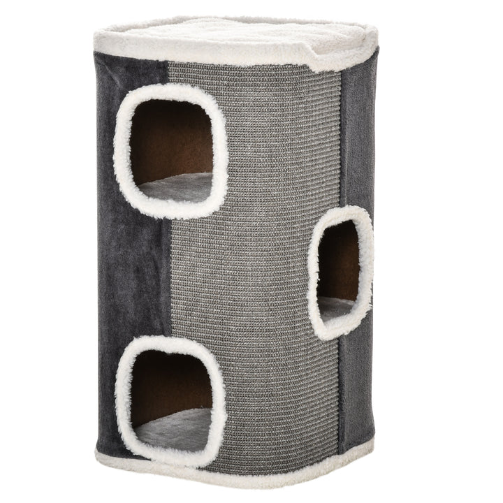Kradsetræ til katte, kradsetræ til katte, 3 niveauer, klatretræ til katte, kattemøbler, spånplade, fløjlsagtig polyester, sisal, grå+hvid, 40 x 40 x 74 cm
