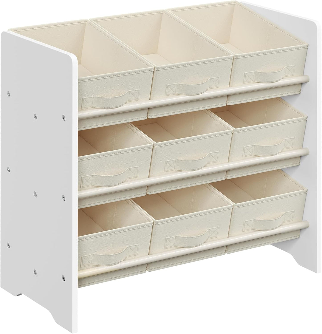 Legetøjsorganisator med 9 non-woven stofkasser til opbevaring, ideel til børneværelse og legerum, mål: 29,5 x 62,5 x 60 cm, hvid