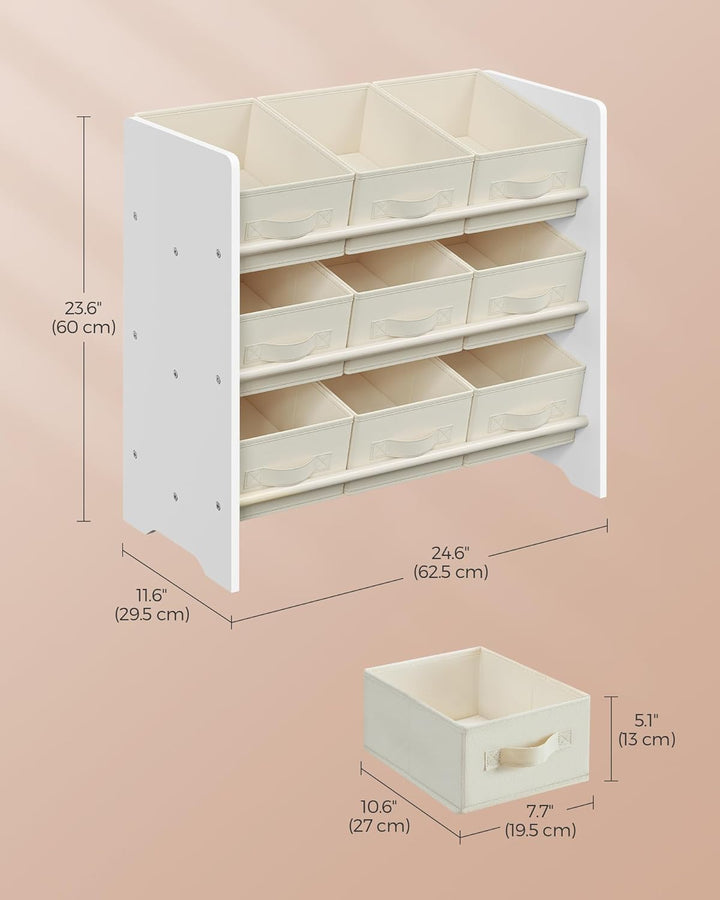 Legetøjsorganisator med 9 non-woven stofkasser til opbevaring, ideel til børneværelse og legerum, mål: 29,5 x 62,5 x 60 cm, hvid