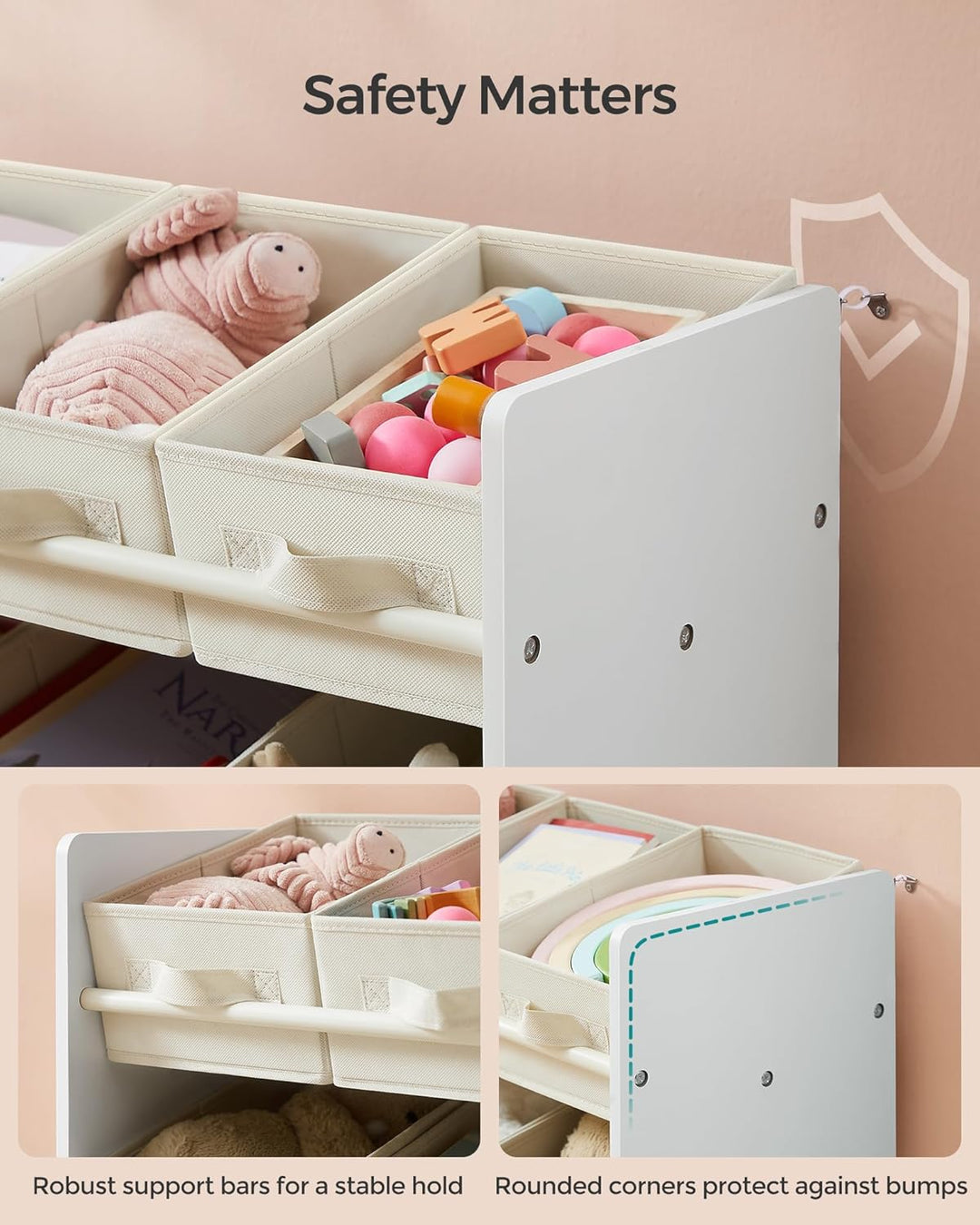 Legetøjsorganisator med 9 non-woven stofkasser til opbevaring, ideel til børneværelse og legerum, mål: 29,5 x 62,5 x 60 cm, hvid