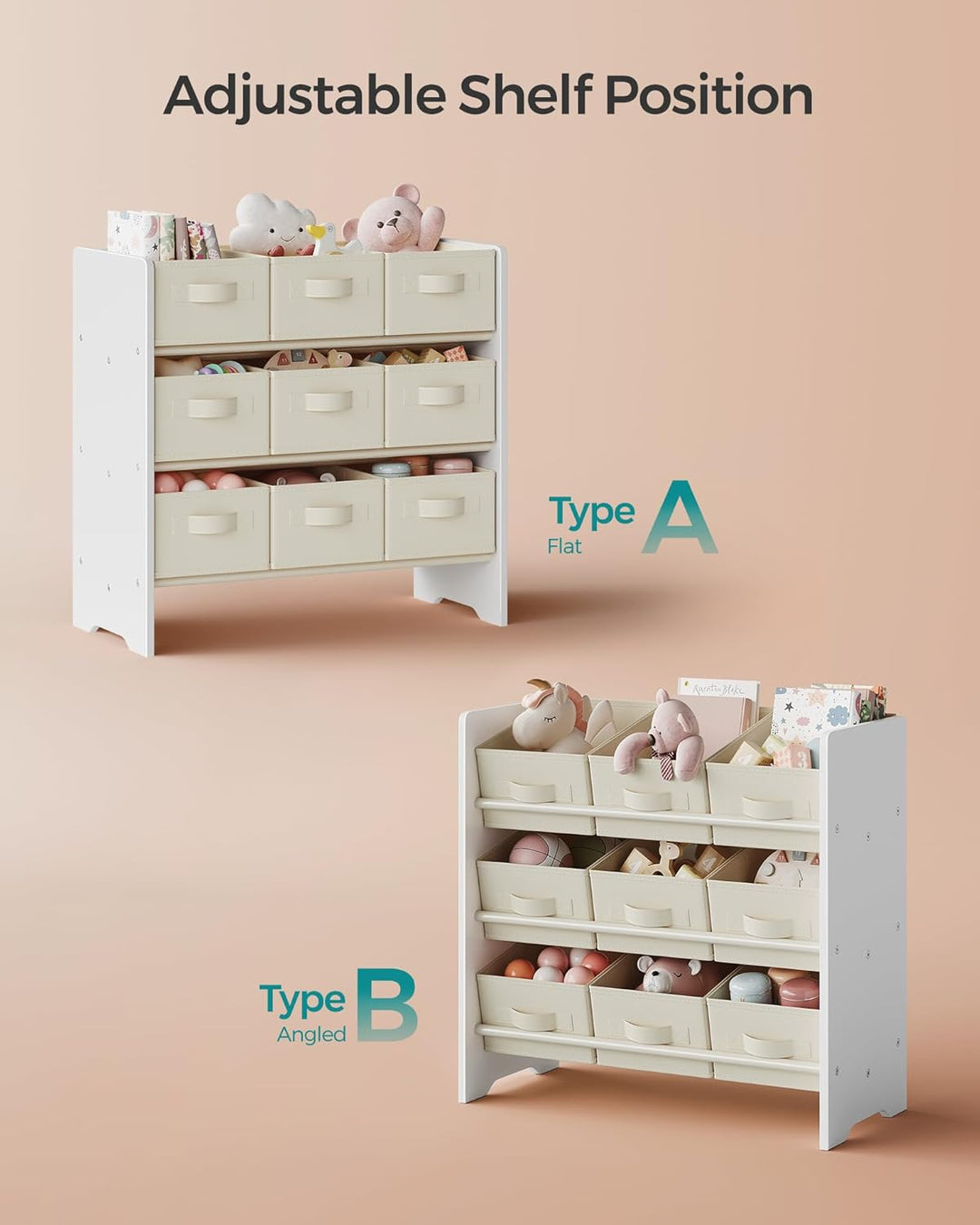 Legetøjsorganisator med 9 non-woven stofkasser til opbevaring, ideel til børneværelse og legerum, mål: 29,5 x 62,5 x 60 cm, hvid