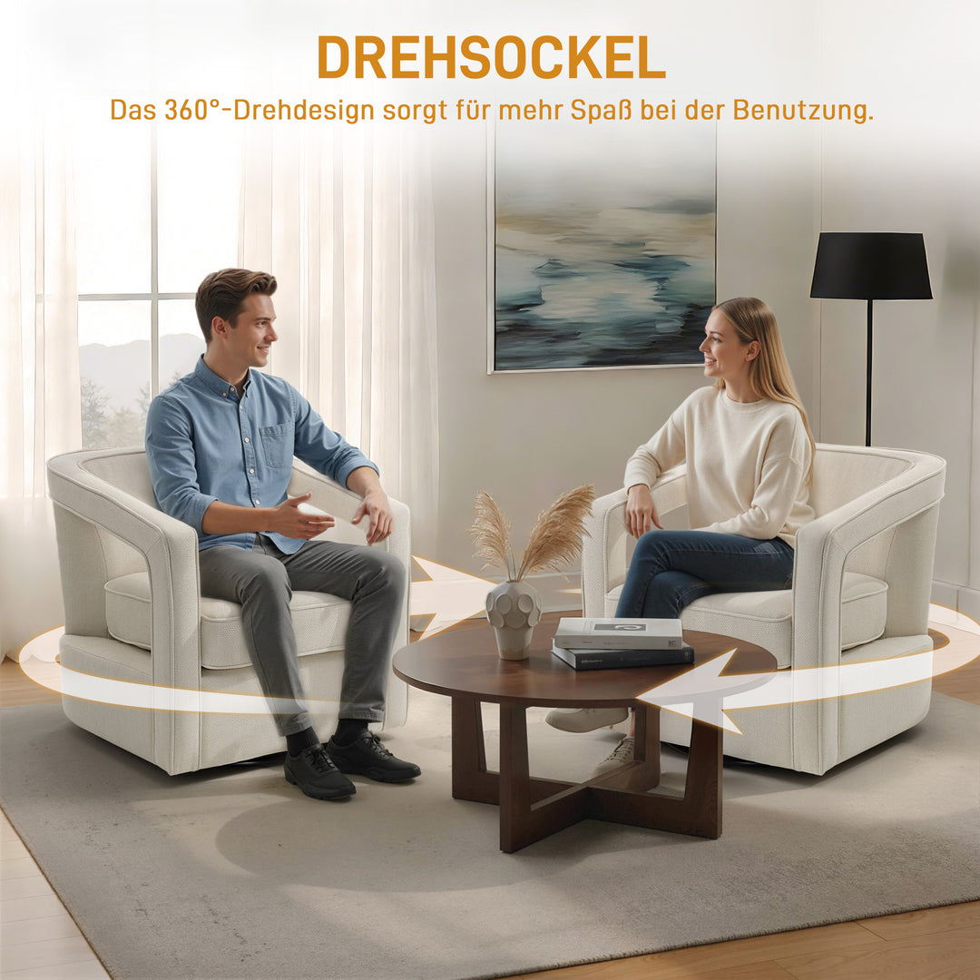 Lænestol til stuen, 360° drejelig loungestol, lænestol med ryglæn og armlæn i ét stykke, 77 x 75 x 72 cm, beige