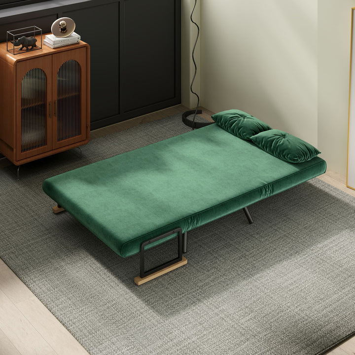 Sovesofa 2-personers sofa fløjlsofa, sovefunktion, inkl. 2 hynder, fløjlslook, naturlig + grøn