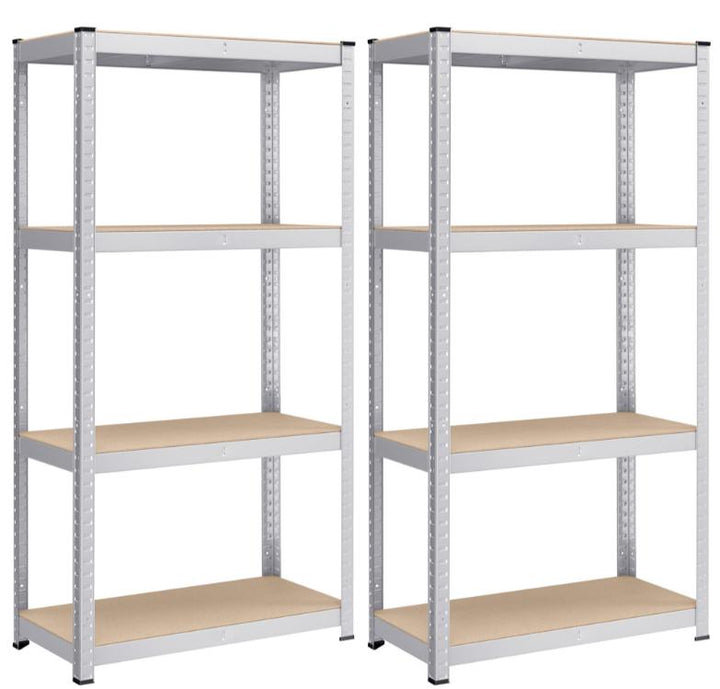 Sæt med 2 stålhylder og MDF-plader med mulighed for opdeling, højdejustering hver 3 cm, forstærkninger og beskyttende benbetræk