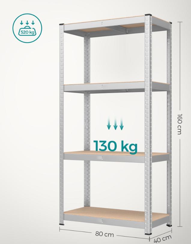 Sæt med 2 stålhylder og MDF-plader med mulighed for opdeling, højdejustering hver 3 cm, forstærkninger og beskyttende benbetræk