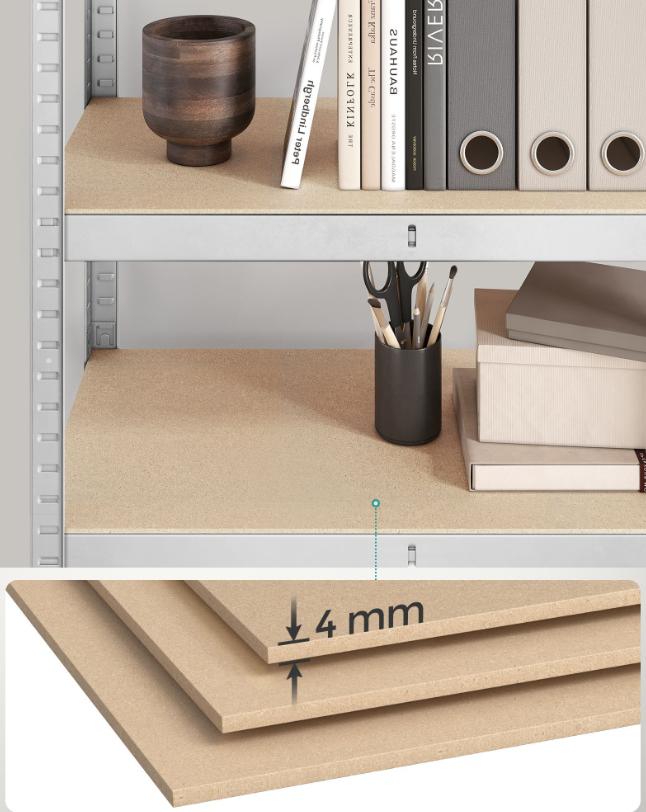 Sæt med 2 stålhylder og MDF-plader med mulighed for opdeling, højdejustering hver 3 cm, forstærkninger og beskyttende benbetræk