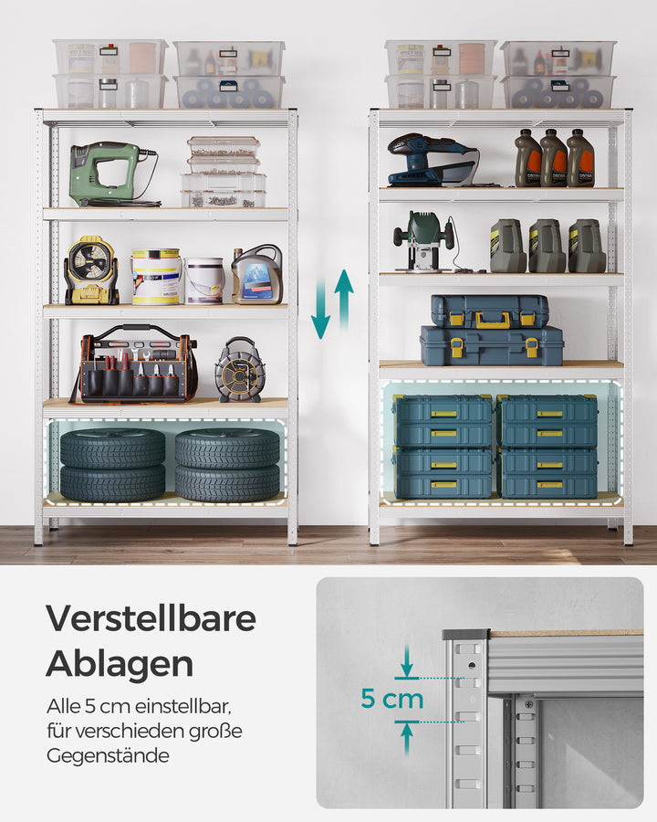 5-etagers reol, stålreol til opbevaring, værktøjsfri montering, 60 x 120 x 200 cm, sølvfarvet