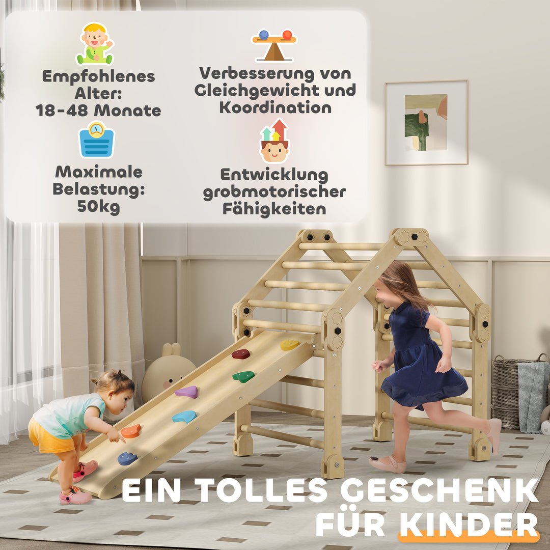 3-i-1 foldbart klatrestativ med stige og rutsjebane/klatrevæg, lavet af træ, til børn i alderen 1,5-4 år