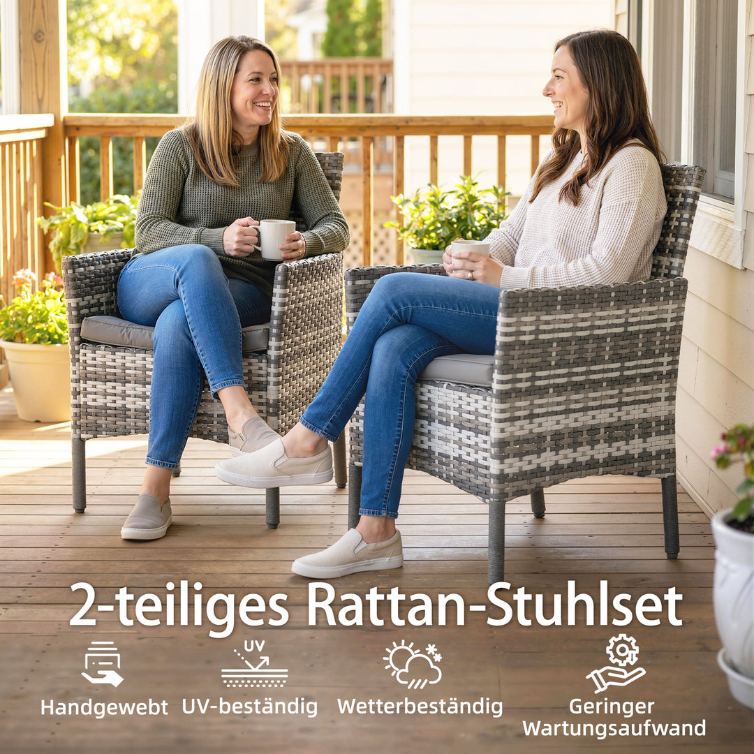 Sæt med 2 havestole, polyrattan havemøbler med 2 lænestole, aftagelige hynder, stålstel, grå