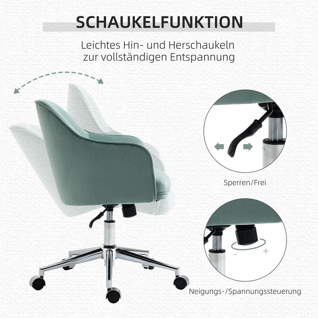 Kontorstol med knaplukning, højdejusterbar, gyngefunktion, fløjlslook, 61 cm x 59 cm x 90,5 cm, turkis